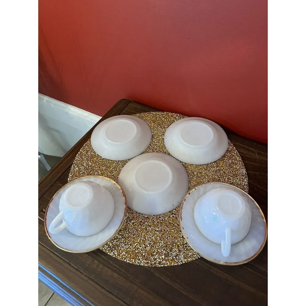 Vintage Fire King Oven Ware White Swirl Milk Glass‎ Gold Rim 2 Cup & 5 Saucers